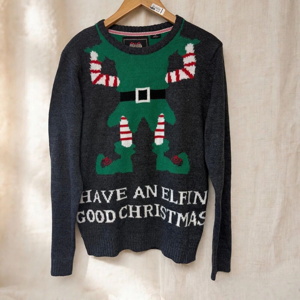 Have An Elfin Good Christmas Ugly Sweater S Elf Gray Holiday Party